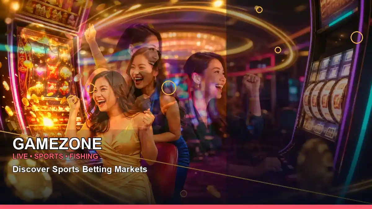 GAMEZONE Philippine slots information visual featuring an adult casino presenter in a right-diagonal composition