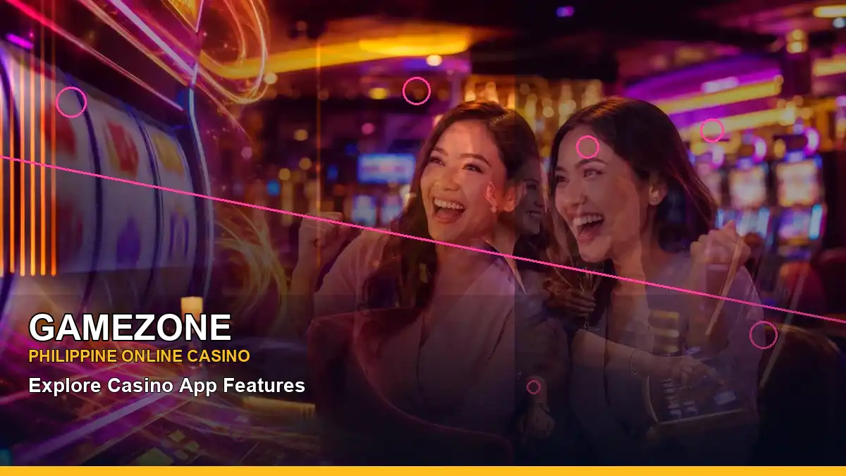 Neon jackpot-style slot artwork in a right-diagonal layout for Philippine adults exploring GAMEZONE information, casino access, game guidance, and safer participation. Check current details before playing.