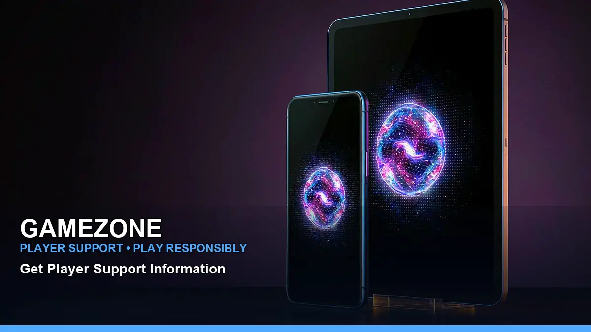 Concept image for a GAMEZONE mobile casino app information page, featuring an adult Filipina host and a social-sharing layout